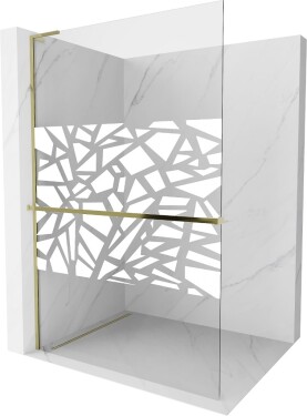 MEXEN/S - Kioto+ L Sprchová zástena WALK-IN s poličkou a držiakom uterákov 90 x 200, biely vzor, zlatá 800-090-123-50-85