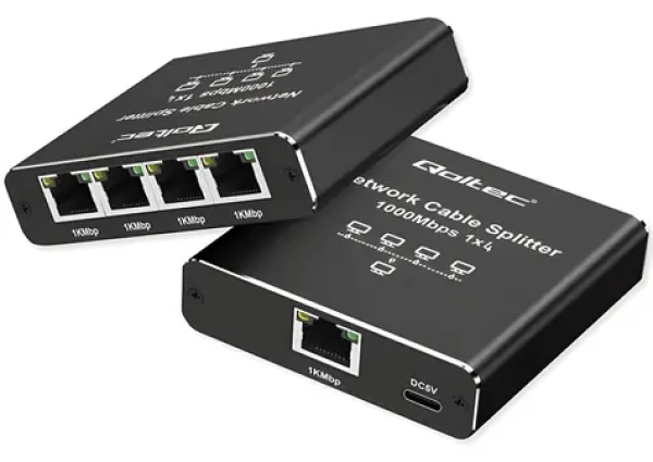Mini switch splitter Ethernet 1x4 RJ45 / Switch / Mini / 4 porty / 10/100/1000 Mbps / USB-C napájanie (52293)