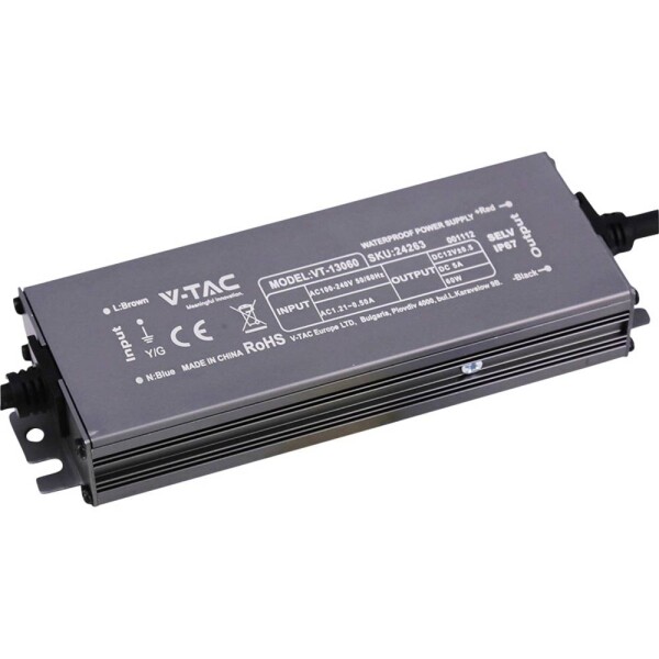 V-TAC VT-13060 napájací zdroj pre LED konštantné napätie 60 W 5 A 12 V/DC bez možnosti stmievania; 24263