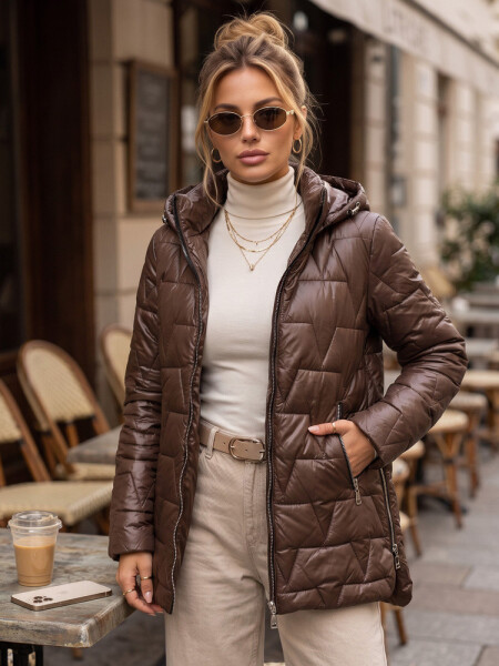 Dámska prešívaná bunda s odnímateľnou kapucňou, hnedá, FashionStreet TY5796 L