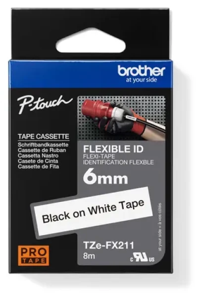Brother TZe-FX211 biela-čierna / Páska do tlačiarne štítkov / 6 mm / 8 m / flexibilná / vodeodolná (TZEFX211)