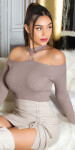 Sexy KouCla ripp jumper with cut out & rhinestones KHAKI Einheitsgroesse