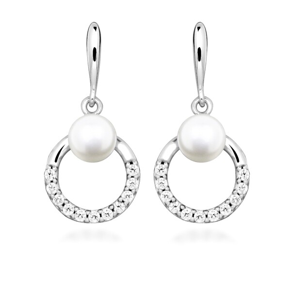 Silver Cat Strieborné visiace náušnice s pravou perlou a zirkónmi Pearls SC602