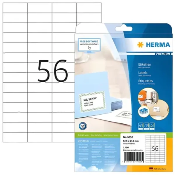 Herma Etikety A4 52,5x21,2 mm / Etikety / Papier matný / biela / 1400 ks (5052)