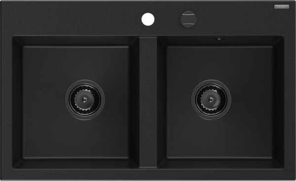MEXEN/S MEXEN/S - Hektor granitový drez 2-bowl 800 x 480 mm, čierna, čierny sifón 6521802000-77-B