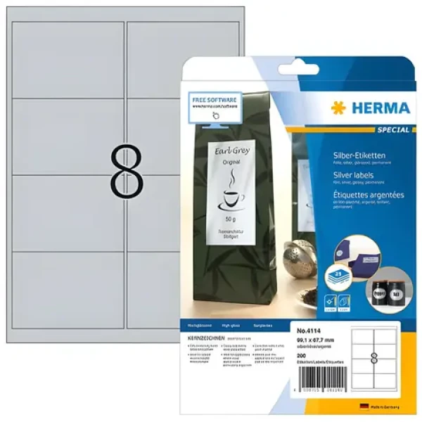 Herma etikety A4 strieborné 99,1x67,7 mm / Etikety / lesklá polyesterová fólia / vodeodolné / laser / 200 ks (4114)