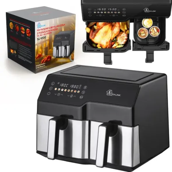 Extralink Home Air Fryer SJ-1000 čierna / Teplovzdušná fritéza / Dual Zone 6 +4 l / 2500 W / dotykové ovládanie (EX.38671)