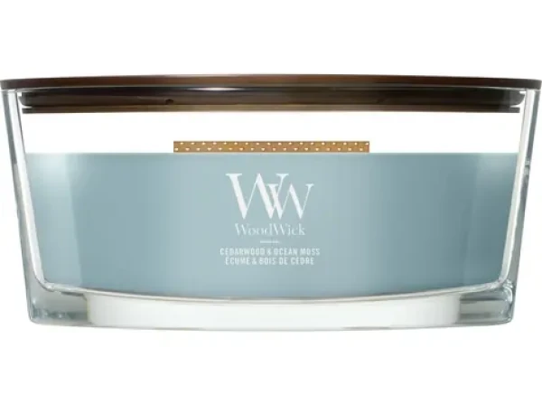 Woodwick Cedarwood Ocean Moss sviečka loď (5038581187938)