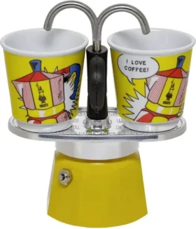 Bialetti MINI EXPRESS Set Lichtenstein žltá / Sada: fontánová moka kanvička (90 ml) + 2x hrnček (Roy Lichtenstein) (8006363027649)