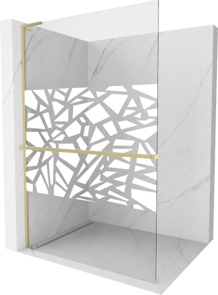 MEXEN/S - Kioto+ L Sprchová zástena WALK-IN s poličkou a držiakom uterákov 110 x 200, biely vzor, zlatá kartáčovaná 800-110-123-55-85