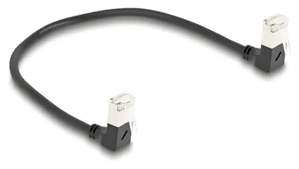 DeLock čierna / Sieťový kábel RJ45 / Cat.6a S/FTP / Slim / obojstranne pravouhlý / 0,25 m (80297)