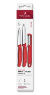 VICTORINOX Swiss Classic Kuchynský nôž a škrabka set 3 ks červená / rovné a vrúbkované ostrie (6.7111.33C1)