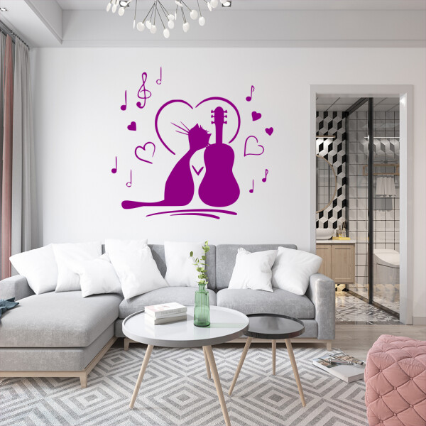 Veselá Stena Samolepka Mačička milujúca hudbu Farba: fialová, Veľkosť: 60 x 56 cm