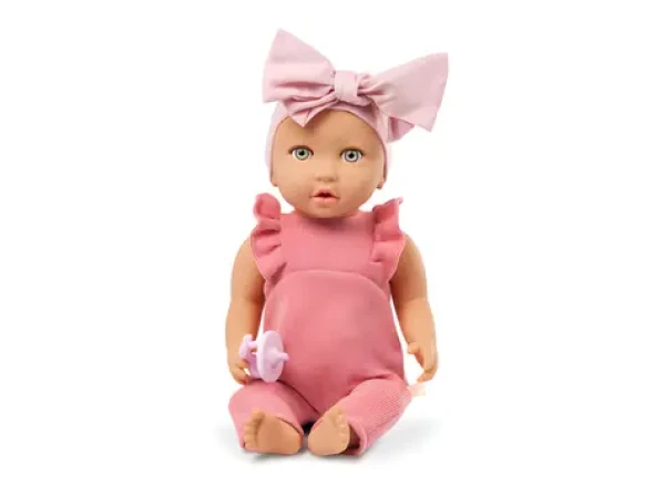 LullaBaby Bábika 35 cm v overale s čelenkou Pink