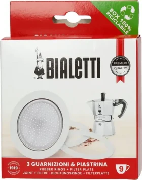 Bialetti Tesnenie a sitko pre moka kanvica 9 šálok / Tesnenie pre moka kanvicu / sada 3 ks + sitko (0800035)