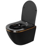 REA - Závesná WC misa vrátane sedátka Carlo Mini Flat čierna/zlatý prúžok + sedátko duraplast REA-C8800