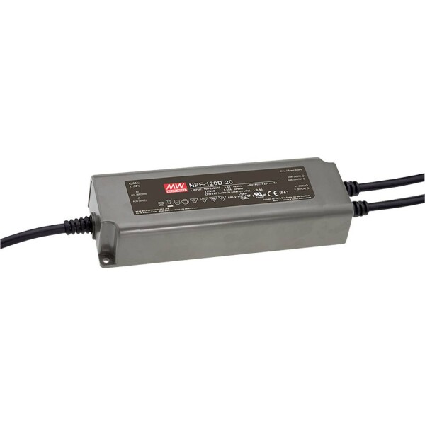 MEAN WELL NPF-120D-15 LED driver, napájací zdroj pre LED konštantné napätie, konštantný prúd 120 W 8 A 9 - 15 V/DC stmievateľný, PFC spínacie obvod, ochrana; NPF-120D-15