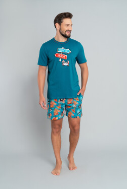 Pánske pyžamo Krab, krátky rukáv, krátke nohavice - teal/print