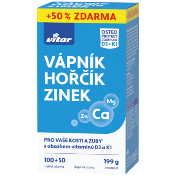 REVITAL Vápnik, horčík, zinok, vitamíny D3 a K1 100 + 50 tabliet ZADARMO