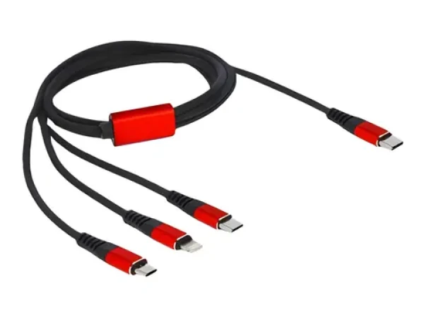 DeLock USB-C - Micro-USB + USB-C + Lightning čierna / červená / Napájací kábel / 3v1 / 1 m / opletený / 3 A (86711)