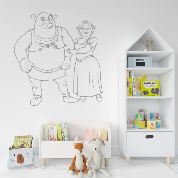 Veselá Stena Samolepka Shrek a Fiona Farba: šedá, Veľkosť: 100 x 105 cm