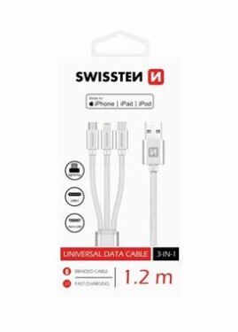 Swissten TEXTILE 3in1 dátový kábel MFi 1.2m strieborná (72501102)