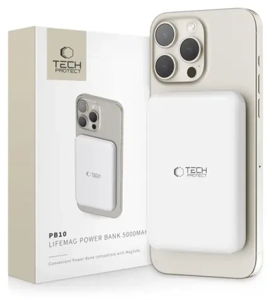 Tech-Protect LifeMag PB10 biela / Powerbanka / MagSafe / 5000 mAh / 15W / USB-C