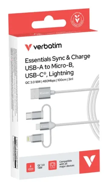 Verbatim Sync Charge 3-in-1 biela / Nabíjací a dátový kábel / USB-A / USB-C + Micro-B + Lightning / 1 m / 18W PD (32394)