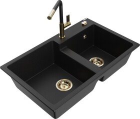 MEXEN/S MEXEN/S - Tomas granitový drez 2-bowl vrátane batérie Flora, čierna 6516-77-670401-57-G