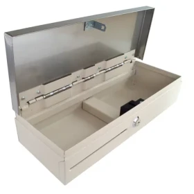 Virtuos Pokladničná zásuvka flip-top FT-460C3 biela / s káblom / nerezové veko / so zamykacím krytom zakladača / 24V (EKN0010)