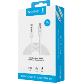 Sandberg USB-C to C USB 3.2 Gen2 100W 5 m biela / Kábel USB-C na USB-C / 10 Gbit/s (136-76)