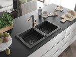 MEXEN/S MEXEN/S - Mario granitový drez 2-bowl vrátane batérie Flora, čierna kropenatá 6504-76-670401-57-B