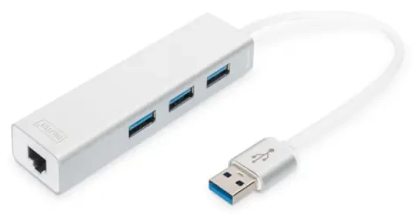 Digitus DA-70250-1 biela / USB hub s LAN adaptérom / USB 3.0 / 3x USB-A / Gigabit LAN (DA-70250-1)