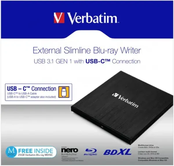 VERBATIM Slimline čierna / Blu-ray + DVD externá napaľovačka / USB 3.1 Gen. 1 / USB-C (43889)