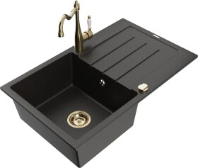 MEXEN/S MEXEN/S - Bruno granitový drez 1-miska s odkvapkávačom vrátane batérie Carla, čierna/zlatá metalik 6513-75-670700-50