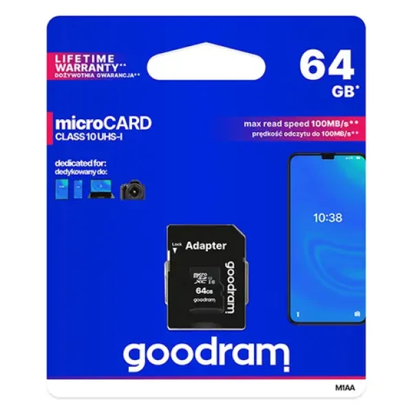 Goodram microSDXC 64GB + adaptér / Class 10 / UHS-I U1 / R: 100 MBs / W: 10 MBs (M1AA-0640R12)