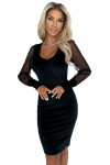 343-2 Elegantné velúrové šaty s priehľadnými tylovými rukávmi - BLACK XL