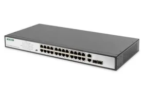Digitus 24- Port PoE+ čierna / Switch / Nespravovaný / 10/100 / PoE+ 370W / 2x SFP combo (DN-95343)