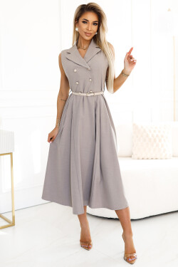 596-2 Elegantná midi košeľa so zlatými gombíkmi a opaskom - GREY BEige UNI