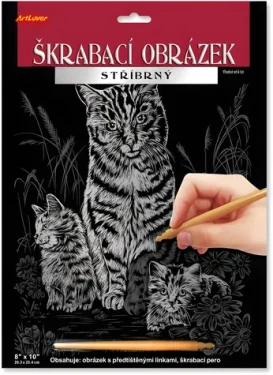 Škrabací obrázok strieborný Mačka s mačiatkami