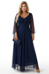 655-3 Dlhé ľahké trblietavé šaty s výstrihom a priehľadnými rukávmi - tmavomodré UNI