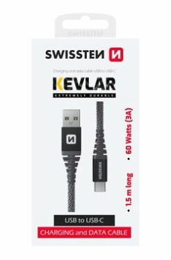 Swissten KEVLAR dátový kábel USB-C 1.5m šedá / 60W / 3A / 1x USB-C(M) / 1x USB-A(M) (71541010)