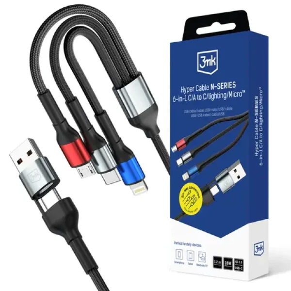 3mk Hyper Cable N-SERIES čierna / Nabíjací kábel / 6 v 1 / USB-A + C na C + Lightning + Micro / 1,2 m / QC 3.0 18W (5903108685252)