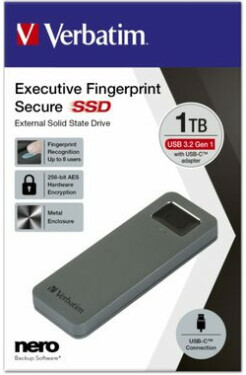 Verbatim SSD Executive Fingerprint Secure 1TB šedá / Externý SSD / USB 3.2 Gen.1 / čítanie:344 MBs / zápis: 356MBs (53657)