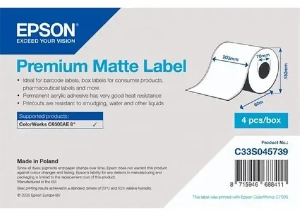 Epson Premium Matte Label 203 mm x 60 m / Etikety / Kontinuálne role / biela / vodeodolné (C33S045739)