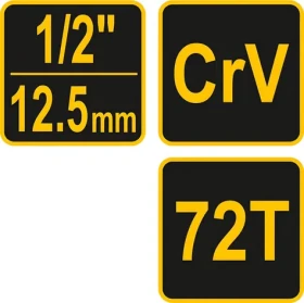Vorel Račňa 1/2" 250 mm vyhnutá žlto-čierna / Račňa / 72 zubov / CrV oceľ / poplastovaná (TO-53577)