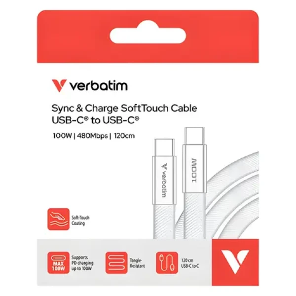 Verbatim 30277 SoftTouch USB-C kábel 1.2m biela / USB-C(M) / USB-C(M) / 100 W / PD 3.0 (30277)