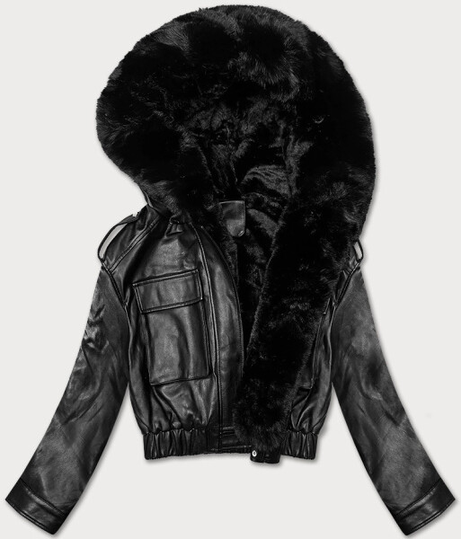 Čierna prechodná krátka kožená bunda s kožušinou J Style (11Z8172) odstíny černé XL (42)