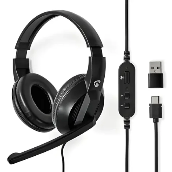 Nedis CHSTU210BK čierna / Slúchadlá s mikrofónom / Cez hlavu / USB-C / Dĺžka kábla 1,8 m (CHSTU210BK)