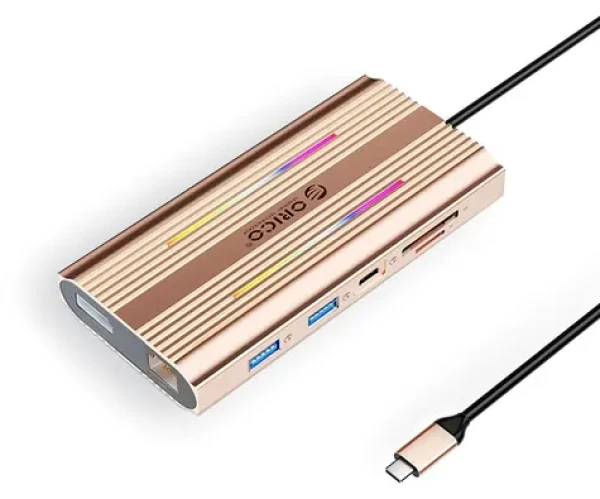 Orico USB-C Hub 12v1 ružovo-zlatá / USB-C hub / RGB / PD 100W / 2x HDMI 4K60Hz / DP 4K60Hz / RJ45 (ORICO-XDR-X3-RG-BP)